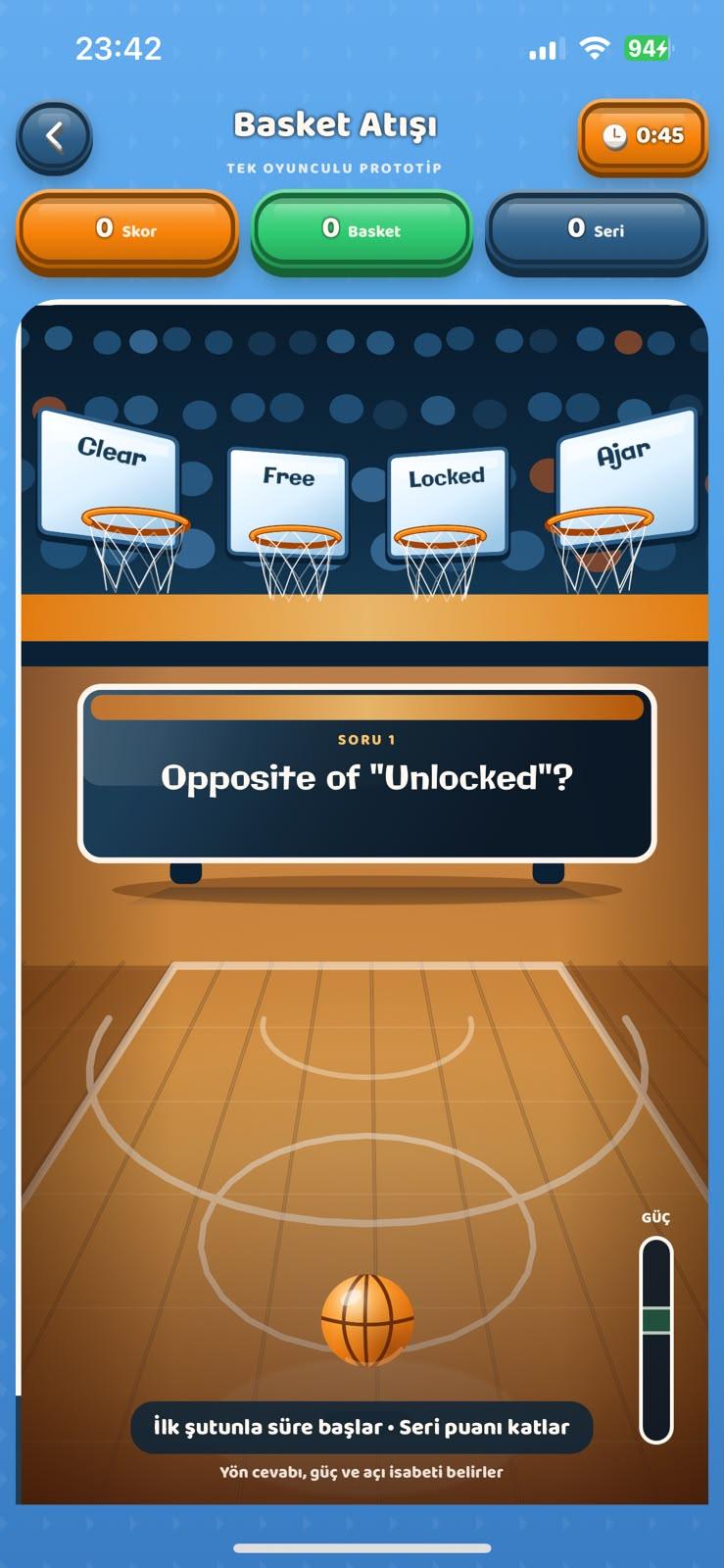 English Arena Basket Atışı tek oyunculu prototip ekranı
