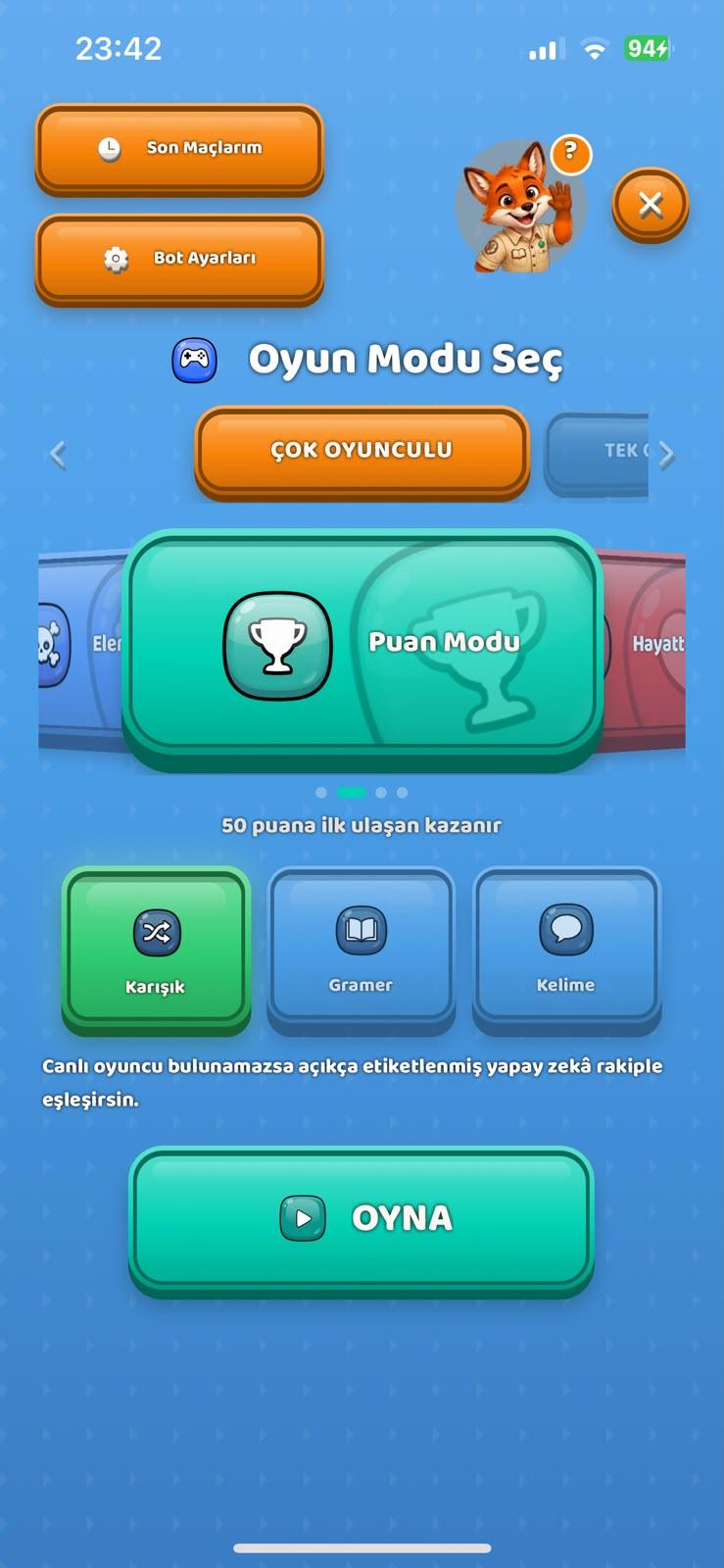 English Arena oyun modları